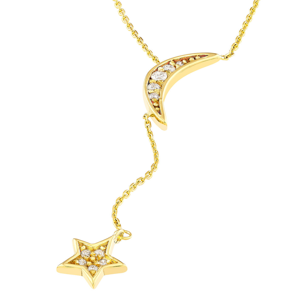 Moon and Star Drop Diamond Lariat Necklace