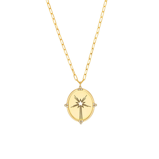 14K Gold Starburst Medallion Necklace with Diamond